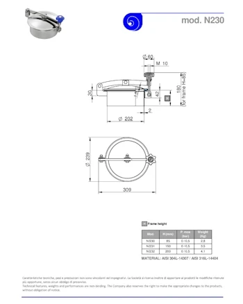 PDF for Stainless Steel 200mm Low/Non-Pressure Round Manway N/230/B 316L