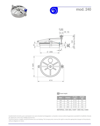 PDF for Stainless Steel 300mm Diameter Round Low/Non-Pressure Manway Door 240/B