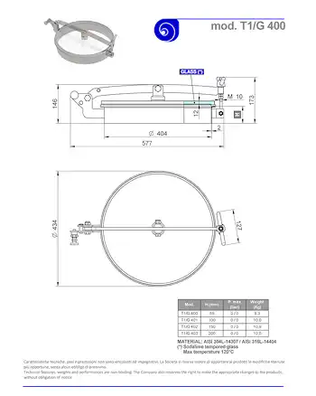 PDF for Stainless Steel 400mm Diameter Round Low/Non-Pressure Manway Door T1/G400 304L/Glass