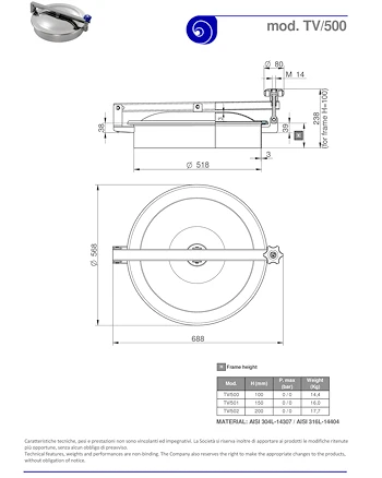 PDF for Stainless Steel 500mm Low/Non-Pressure Round Manway TV/500 304L