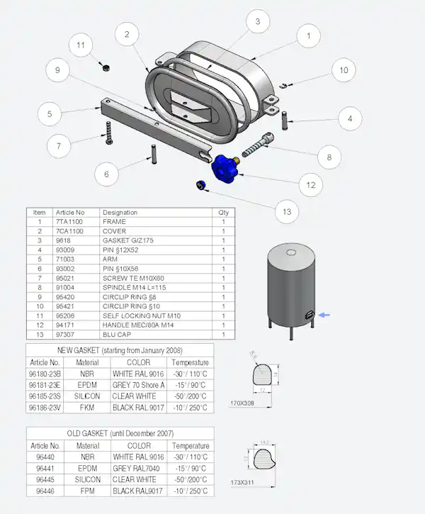 Stainless Steel 300 × 165mm Rectangular Pressure Manway Z/175/B 316L