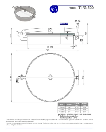 PDF for Stainless Steel 500mm Diameter Round Low/Non-Pressure Manway Door T1/G500 304L/Glass
