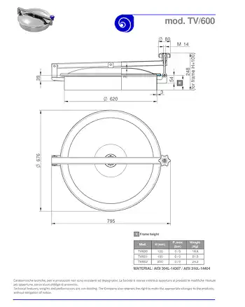 PDF for Stainless Steel 600mm Low/Non-Pressure Round Manway TV/600 304L