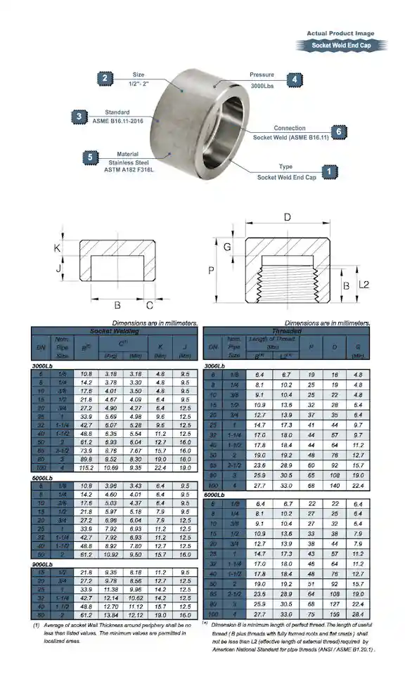 High Presure BSPT Socket Weld End Cap Drawing