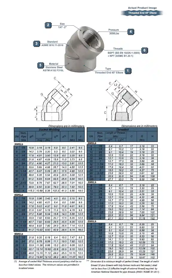 BSPT 45° Elbow 3000LB 316L Drawing