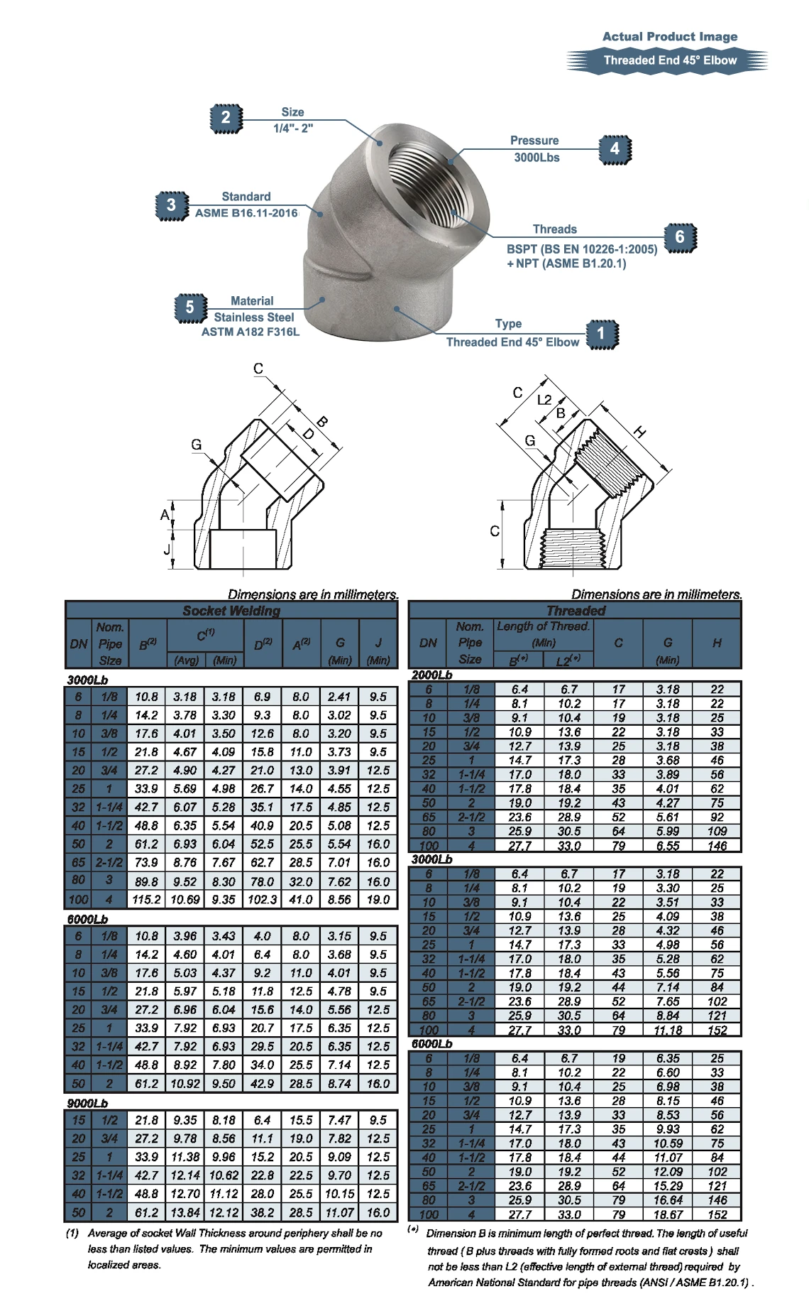 S/S BSPT 45° Elbow 3000LB 316L Drawing