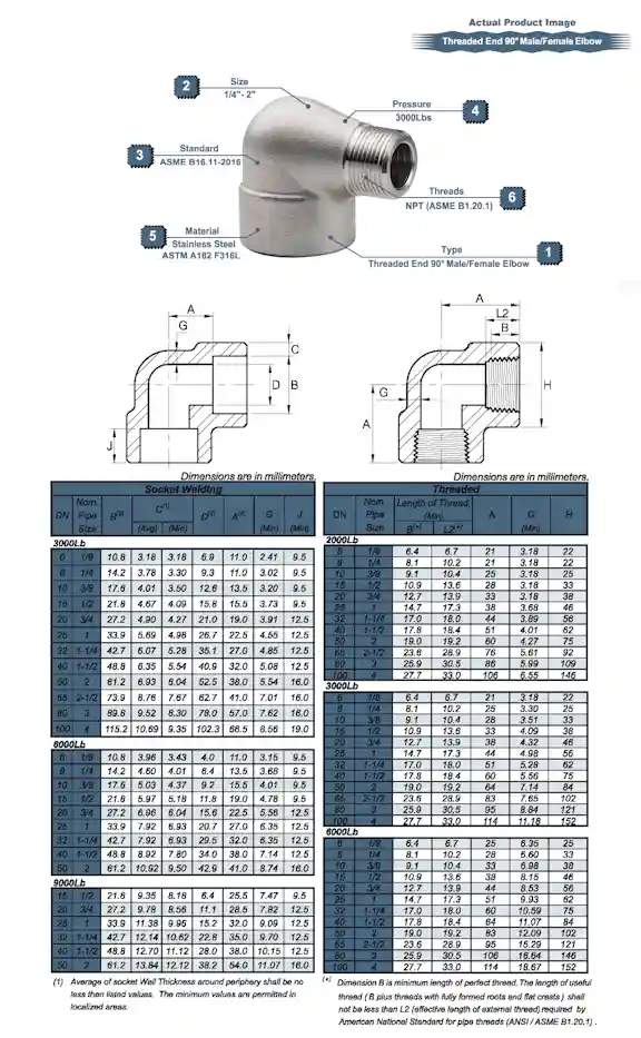 NPT 90° Male/Female Elbow 3000LB 316L Drawing