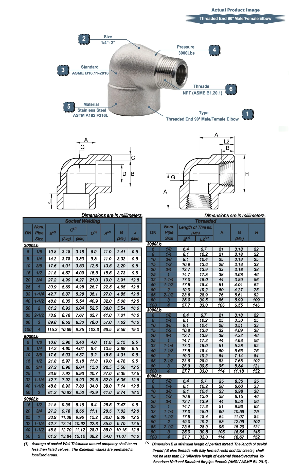 S/S NPT 90° Male/Female Elbow 3000LB 316L Drawing