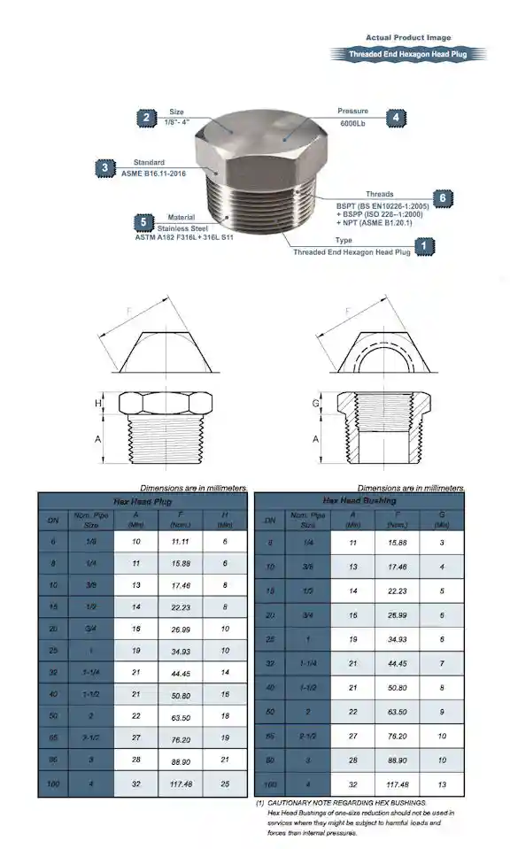 BSPT Threaded End Hexagon Head Plug Drawing