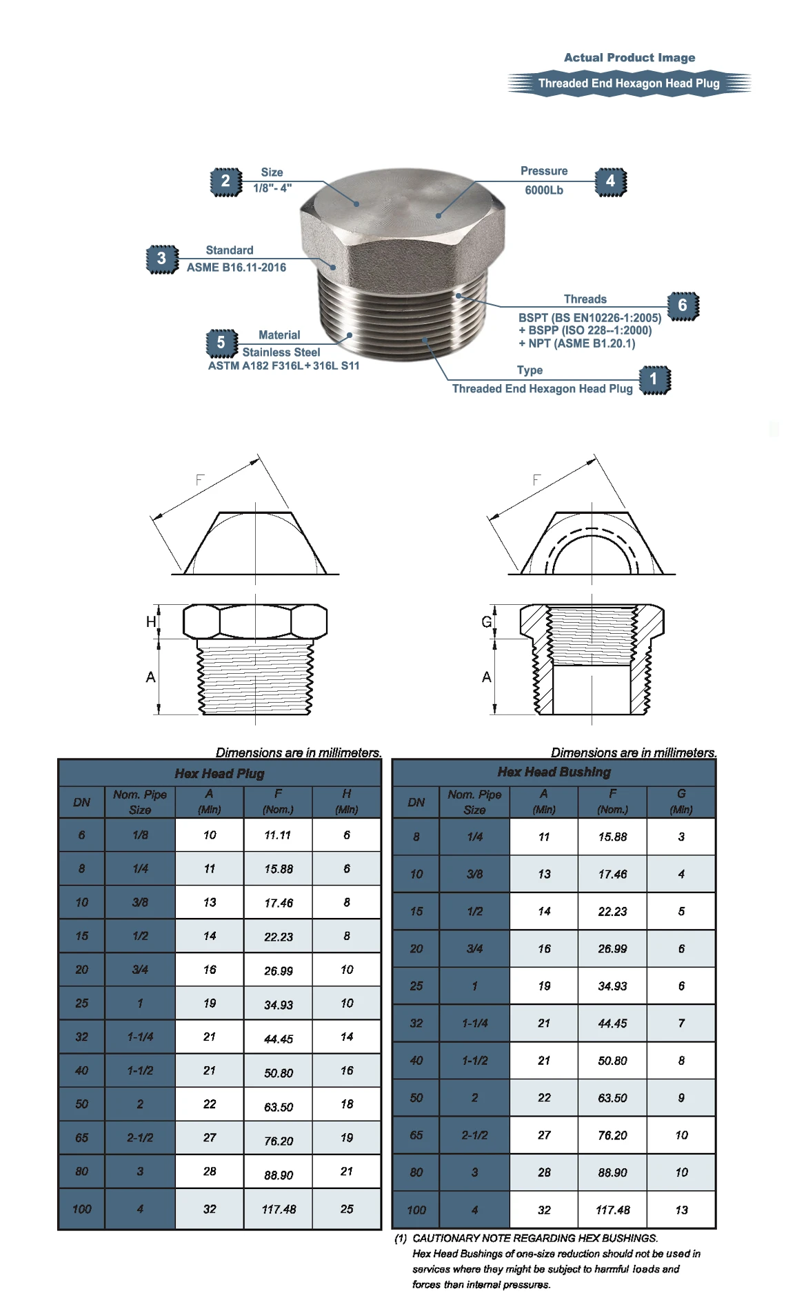 S/S BSPT Threaded End Hexagon Head Plug Drawing