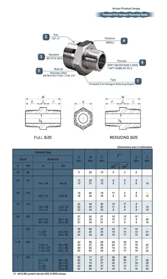 BSPT Threaded End Hexagon Reducing Nipple Drawing