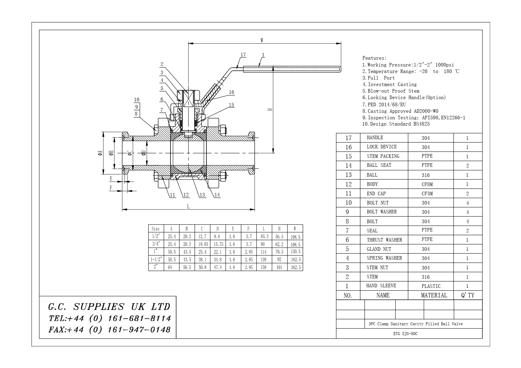 PDF for Stainless 3-Pce Full Bore Hygienic/Sanitary Cavity Filled Direct Ball Valve with Clamp Ferrule Ends ETG SJG-80C