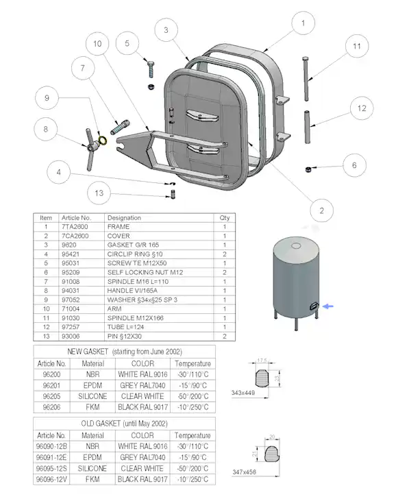 Stainless Steel 332 × 440mm Rectangular Pressure Manway 160 304L