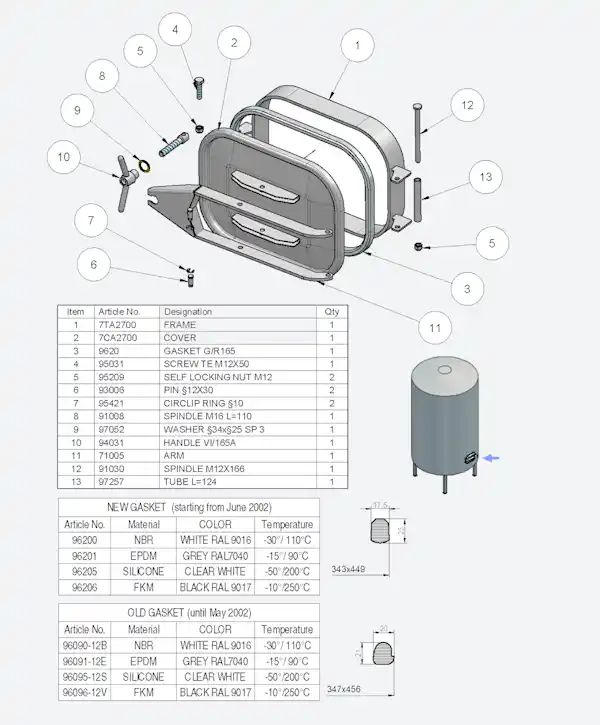 Stainless Steel 440 × 332mm Rectangular Pressure Manway 165 304L