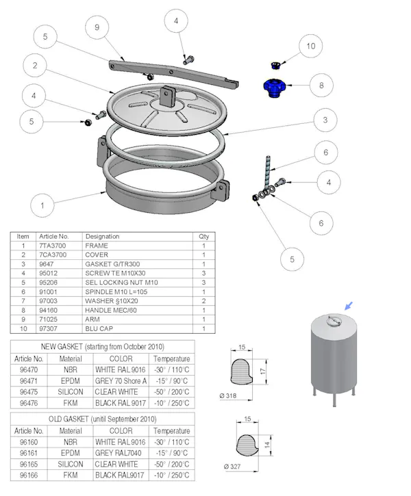 Stainless Steel 300mm Diameter Low/Non-Pressure Round Manway 240/B 316L