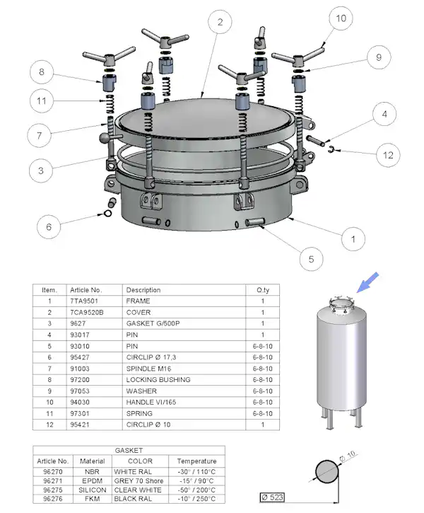 Stainless Steel 500mm Diameter Round Pressure Manway 500P 304L