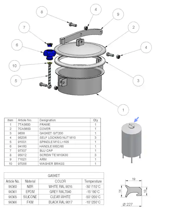 200mm Low/Non-Pressure Round Manway Stainless Steel N/230/B 316L