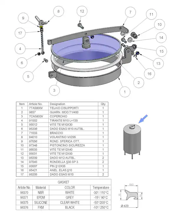 Stainless Steel 400mm Diameter Low/Non-Pressure Round Manway T1/G400 304L/Glass