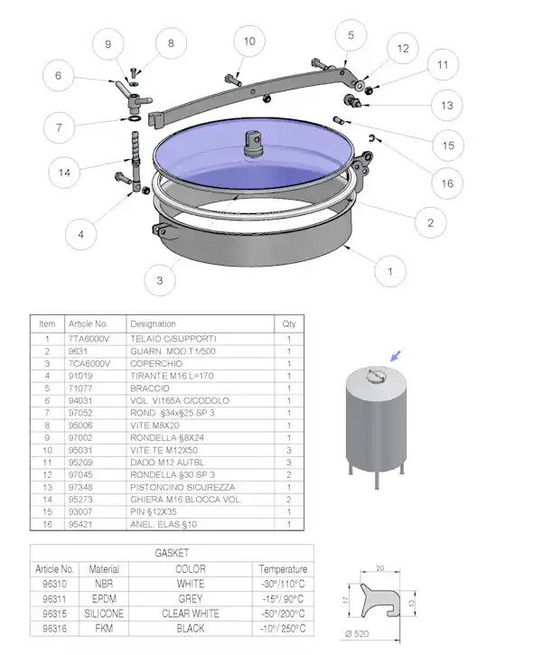 Stainless Steel 500mm Diameter Low/Non-Pressure Round Manway T1/G500 304L/Glass