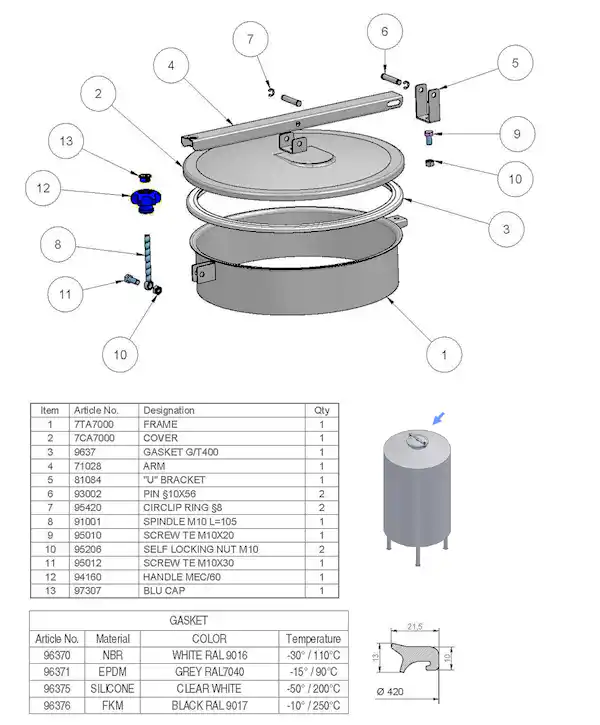 Stainless Steel 400mm Diameter Low/Non-Pressure Round Manway TV/400/B 316L