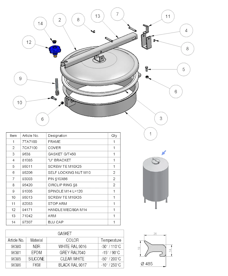 450mm Low/Non-Pressure Round Manway Stainless Steel TV/450 304L