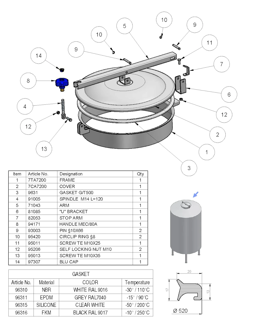 500mm Low/Non-Pressure Round Manway Stainless Steel TV/500 304L