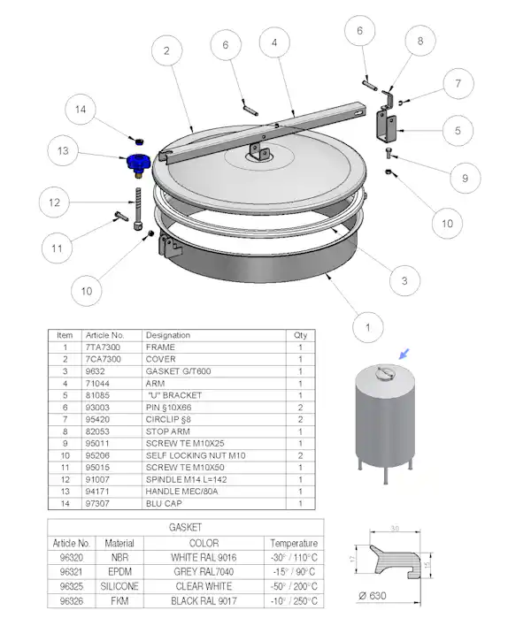 600mm Low/Non-Pressure Round Manway Stainless Steel TV/600 304L