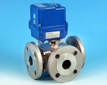 S/Steel Pneumatic Aluminium Rack and Pinion Actuator Fitted on a 3-Way Flanged Full Bore Actuated Ball Valve PN16/40 End Connections.