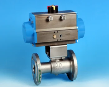Pneumatic Aluminium Rack and Pinion Actuator Fitted on a Flanged Reduced Bore Actuated Ball Valve Screwed ANSI 150lb End Connections.